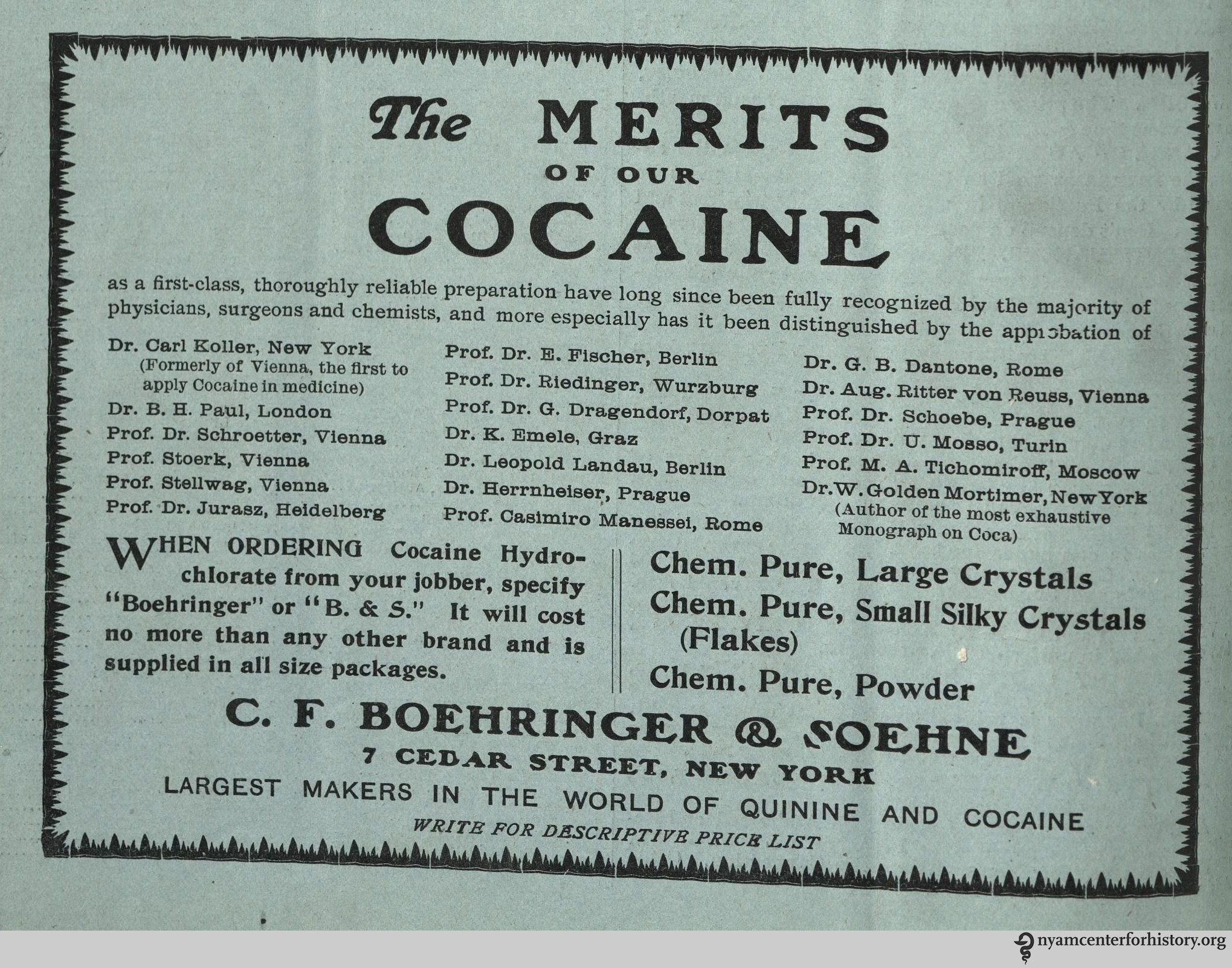 Digitalização de anúncio em preto e branco sobre cocaína publicado em The Practical Druggist and Review of Reviews em 1907.