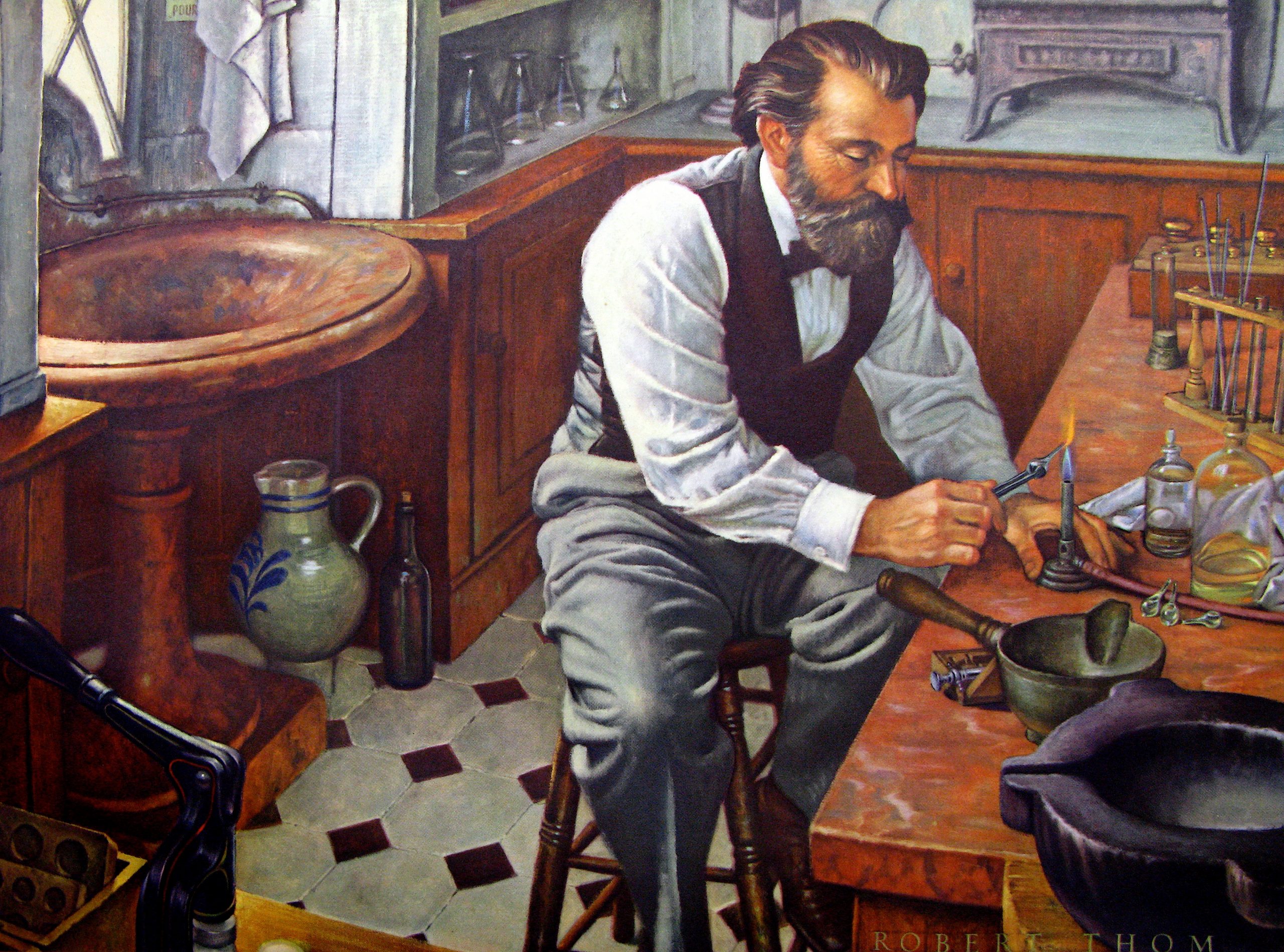 Pintura de Stanislas Limousin sentado em uma banqueta, ao lado de uma mesa, em que ele manipula um equipamento. Ao seu redor, há uma panela de ferro e frascos de vidros.