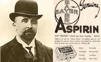 Digitalização de um anúncio de aspirina da Bayer com a foto do cientista Felix Hoffmann. Ele usa barba e bigode, e veste terno, gravata e um chapéu arredondado.