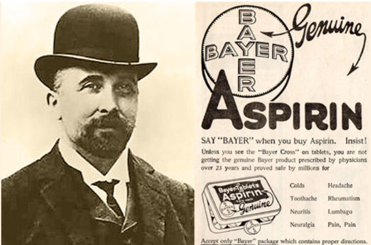 Digitalização de um anúncio de aspirina da Bayer com a foto do cientista Felix Hoffmann. Ele usa barba e bigode, e veste terno, gravata e um chapéu arredondado.