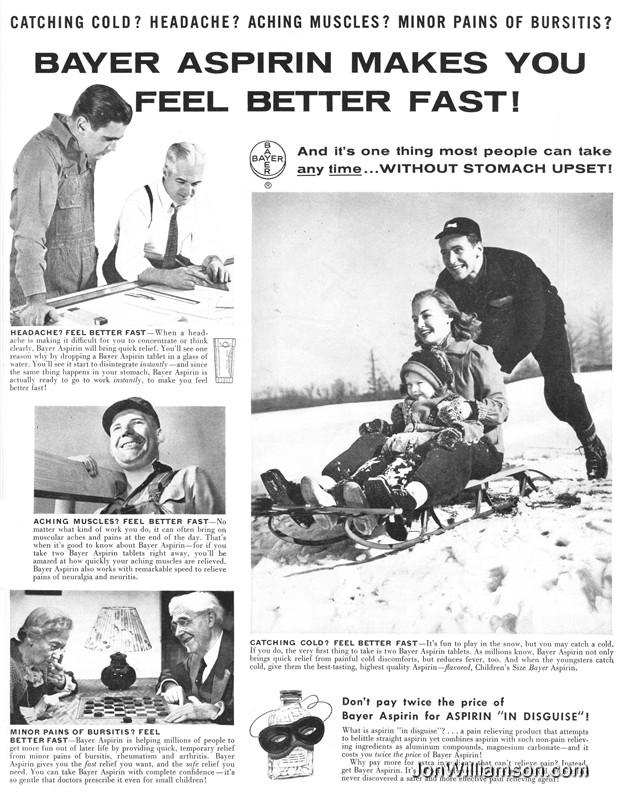 Digitalização de um anúncio de aspirina da Bayer com fotos de pessoas diversas trabalhando, jogando damas e praticando atividades ao ar livre, em família, na neve. Todas sorriem.