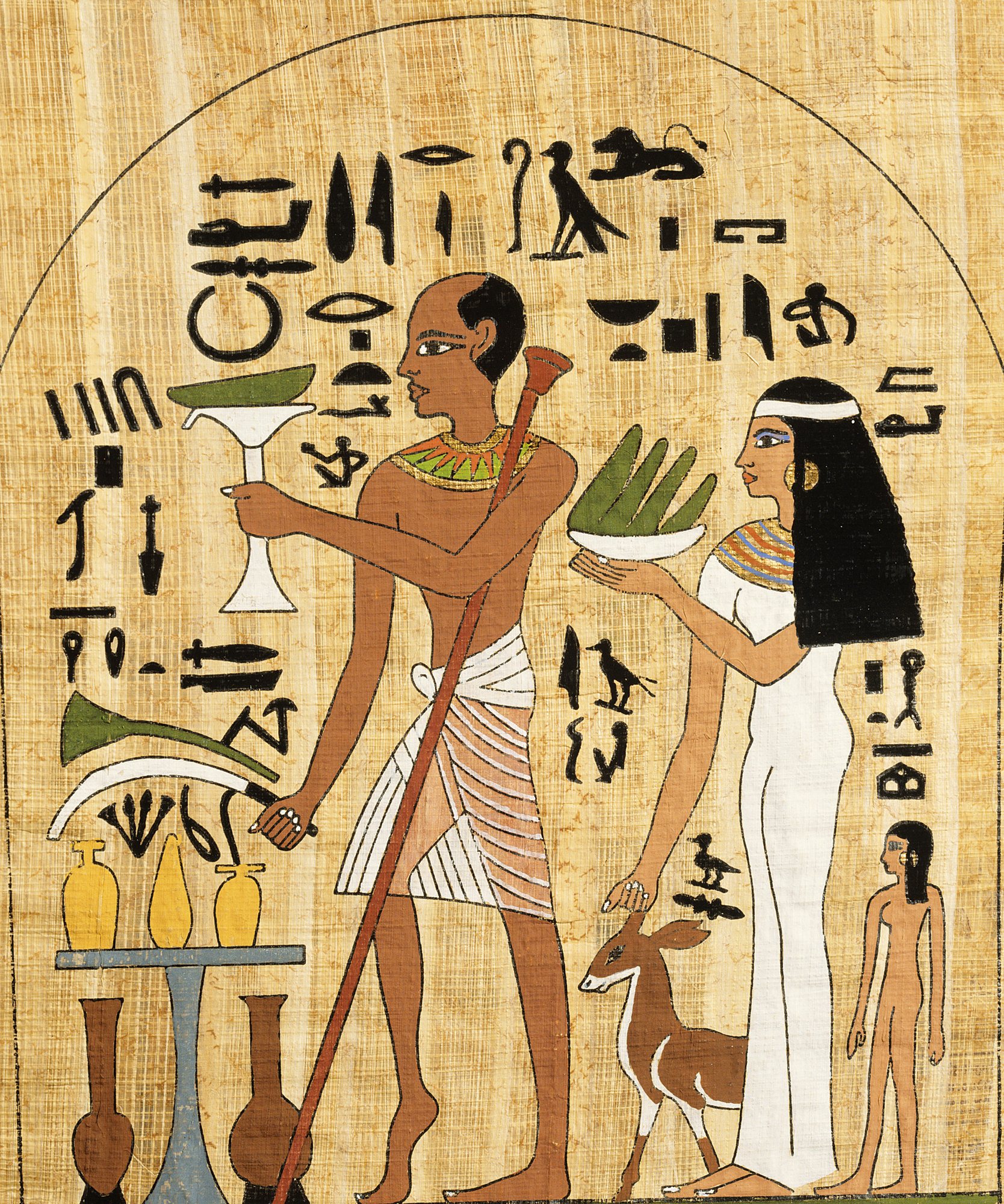 Pintura egípcia com um sacerdote segurando um cálice e, ao seu lado, uma mulher com uma tigela na mão esquerda. Há diversos hieróglifos ao redor deles.