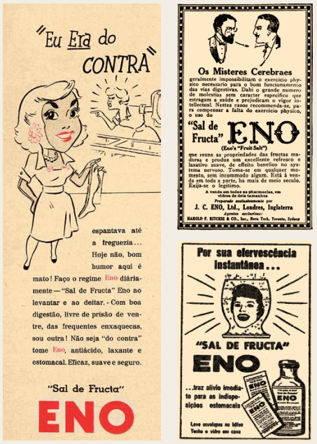 Montagem com três digitalizações de anúncios do Sal de Frutas Eno publicados na revista Seleções do Reader's Digest.