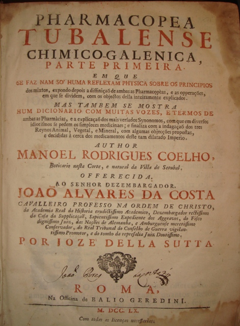 Digitalização do documento Pharmacopea Tubalense Chimicogalenica parte primeira de 1735.