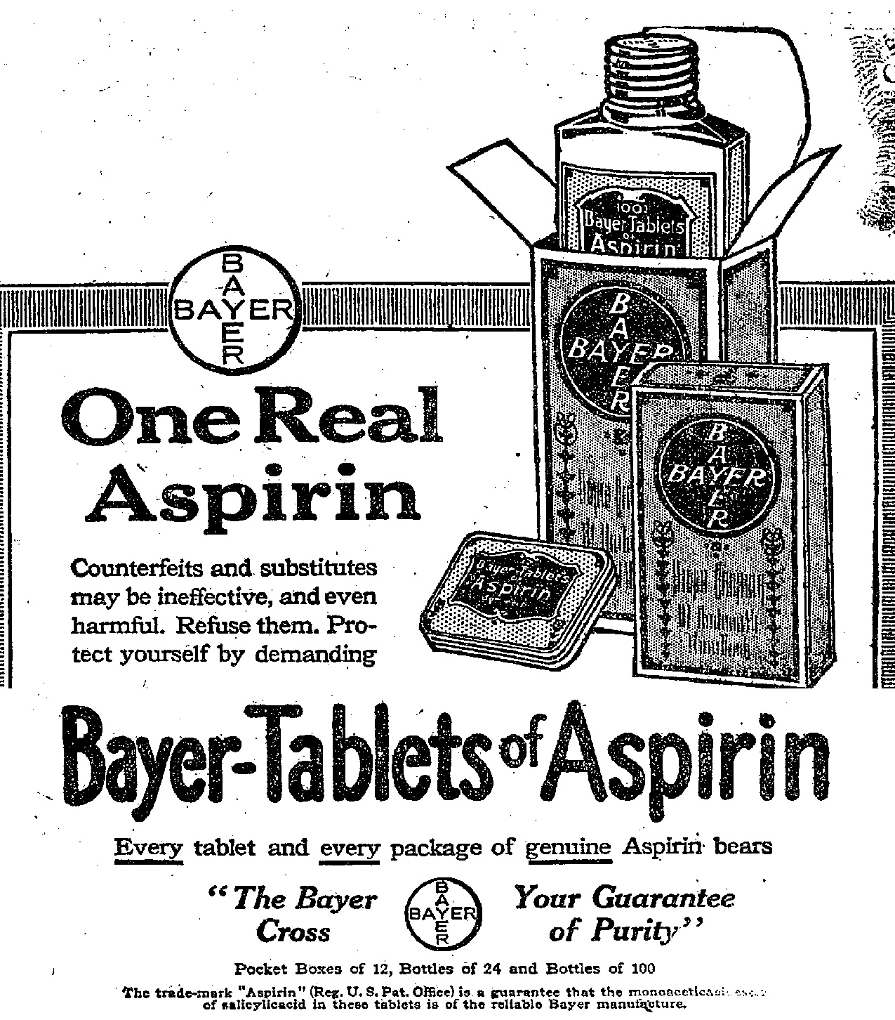 Digitalização do anúncio da Aspirina da Bayer publicado no jornal norte-americano The New York Times. A propaganda traz ilustrações de embalagens da Aspirina com o destaque para a frase, em inglês, "One Real Aspirin".