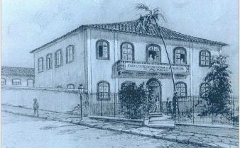 Ilustração da fachada do primeiro prédio da Escola de Pharmacia, em São Paulo.