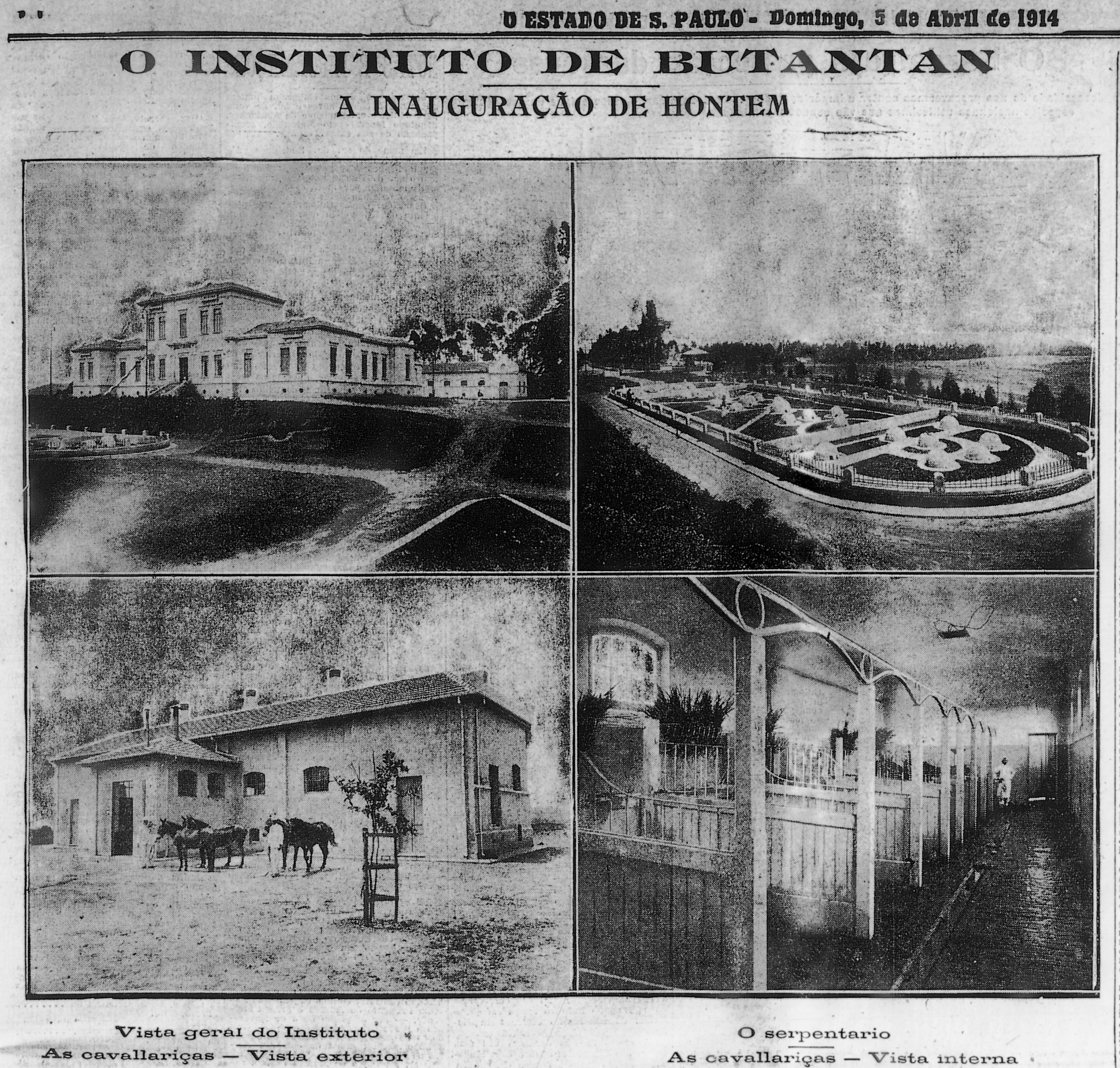 Digitalização de uma página do jornal O Estado de S. Paulo com a foto da inauguração do Instituto Butantan, em São Paulo.