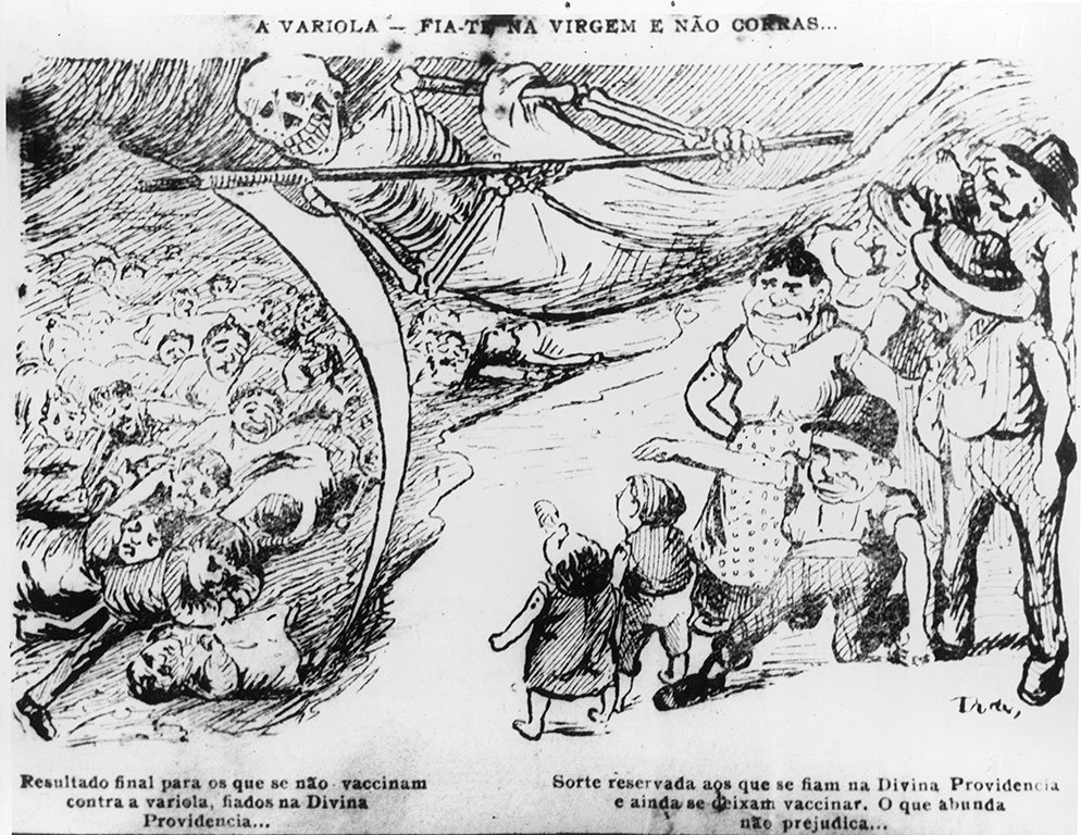 Digitalização de uma charge de 1904 sobre a obrigatoriedade da vacina contra a varíola. Do lado direito, um grupo de pessoas olhando uma caveira ceifadora envolver uma multidão de pessoas com expressões faciais tristes.