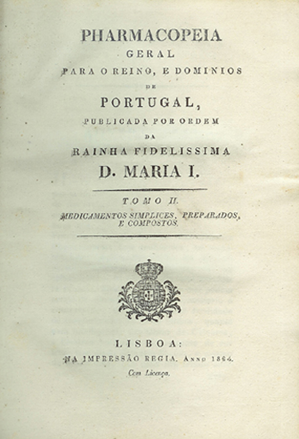 Digitalização de capa da Pharmacopeia geral para o reino e domínios de Portugal, com diversos textos e um brasão em preto e branco.