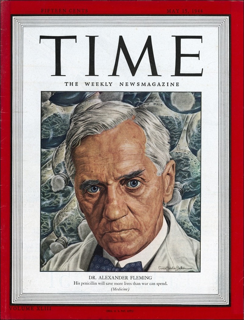 Capa da revista americana Time com a ilustração do Dr. Alexander Fleming, um homem branco de cabelos grisalhos e olhos azuis.