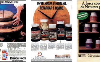 Montagem com três anúncios publicitários de produtos em destaque como o Pralopa Roché, vitaminas Sundown e produtos naturais Erba Carlo  Erba.