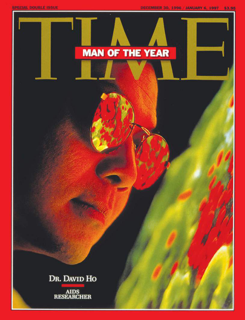Capa da revista americana Time com o destaque "Man of the Year". O cientista David Ho, com óculos que refletem uma visão vermelha e verde de um microscópio, ilustra a edição.