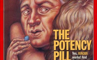 Capa da revista americana Time com a chamada "The Potency Pill" em fontes grandes e amarelas. Há a ilustração de um homem abraçando uma mulher. Ela está de costas enquanto ele coloca um medicamento azul, o Viagra, na boca.