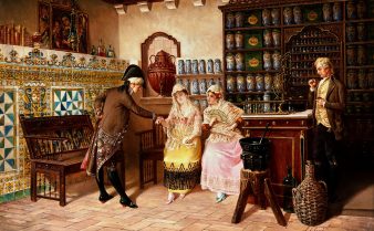Pintura a óleo Botica Europeia, de Emili Casals i Camps, de 1882. Com duas mulheres e dois homens com roupas de época dentro de uma farmácia. Há armários e prateleiras, com frascos diversos sobre elas.